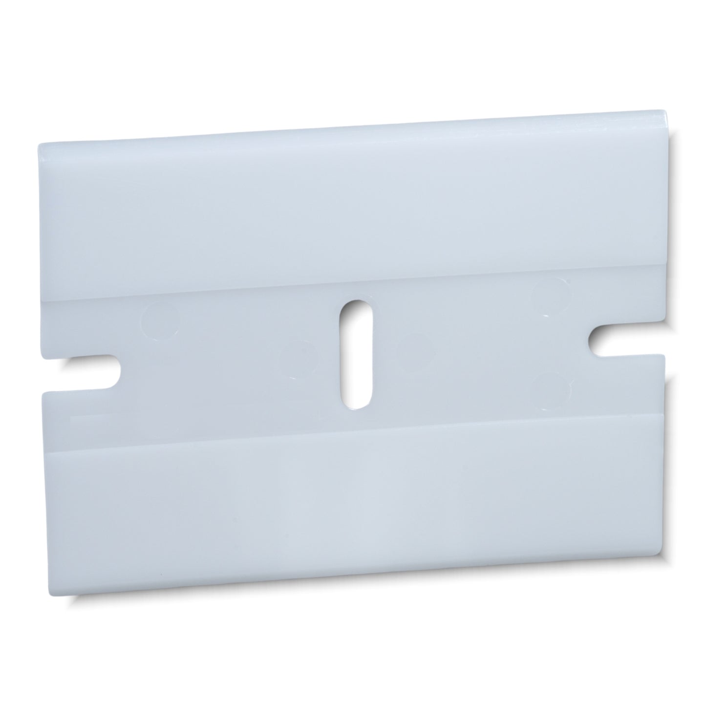 Pearl-colored rigid chemical-resistant scraper blade made in the USA, designed for safe and effective adhesive, decal, and residue removal on sensitive surfaces