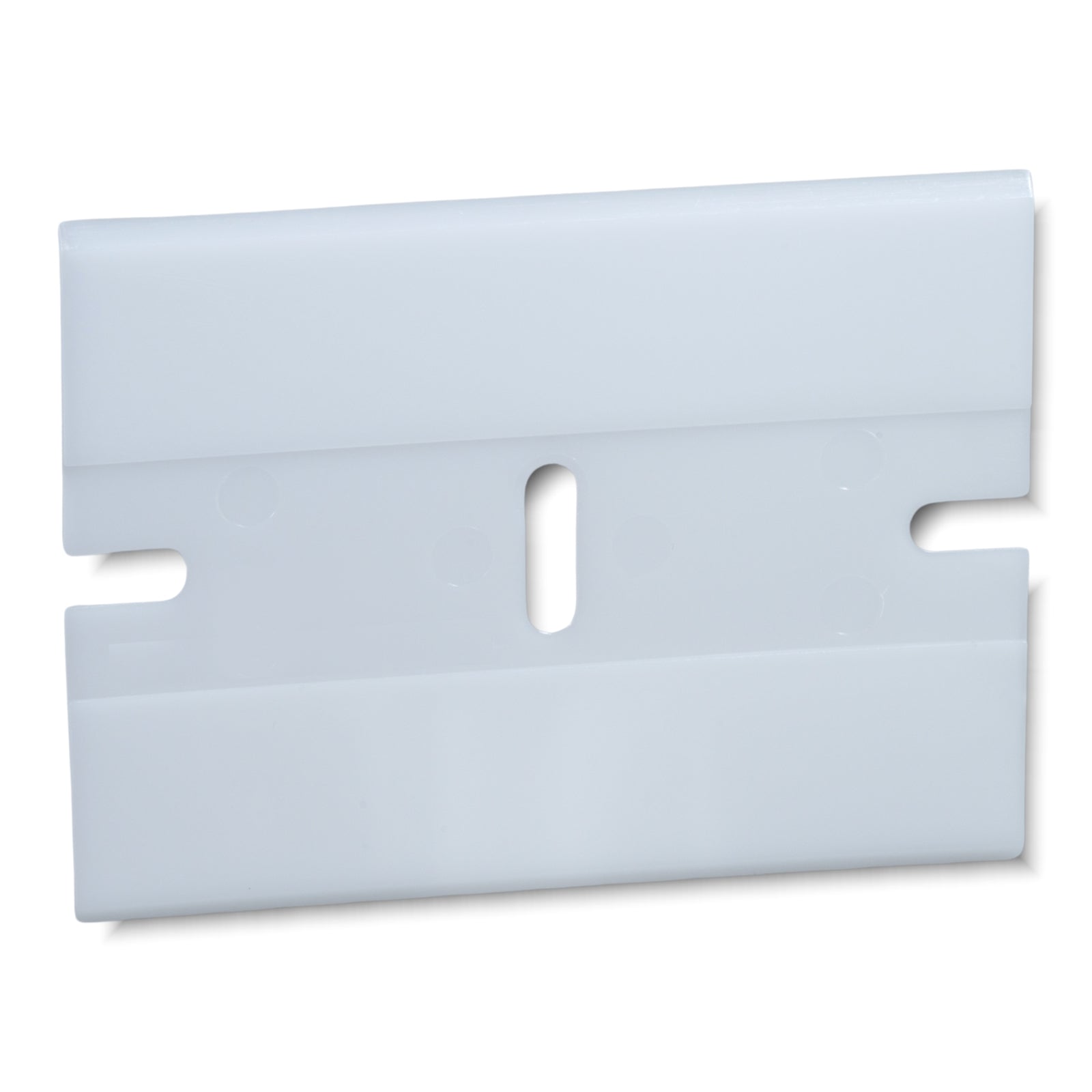 Pearl-colored rigid chemical-resistant scraper blade made in the USA, designed for safe and effective adhesive, decal, and residue removal on sensitive surfaces