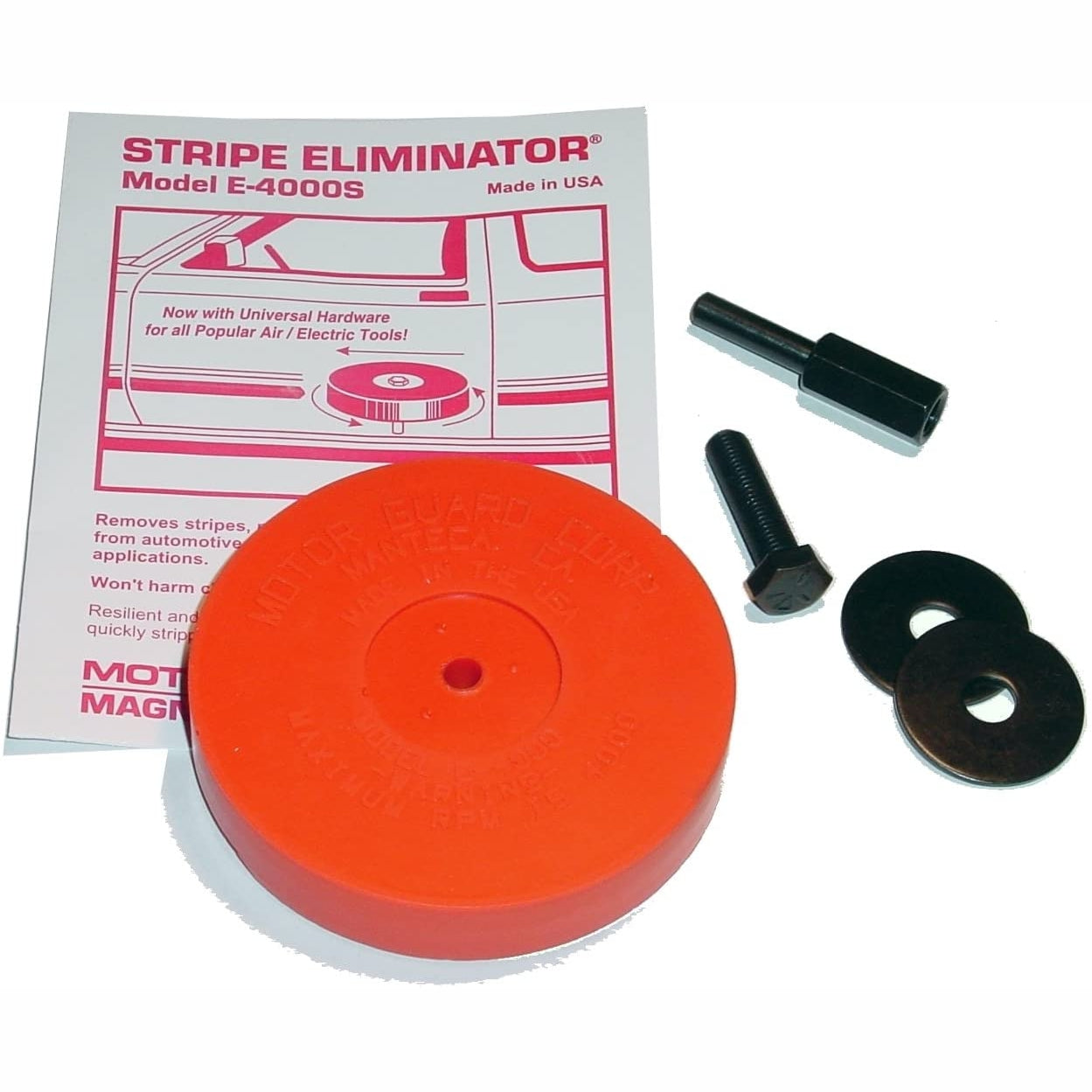 Stripe Eliminator Eraser Wheel Model E-4000OS by Motor Guard with universal mounting hardware, instruction card, and accessories – professional pinstripe and adhesive removal tool